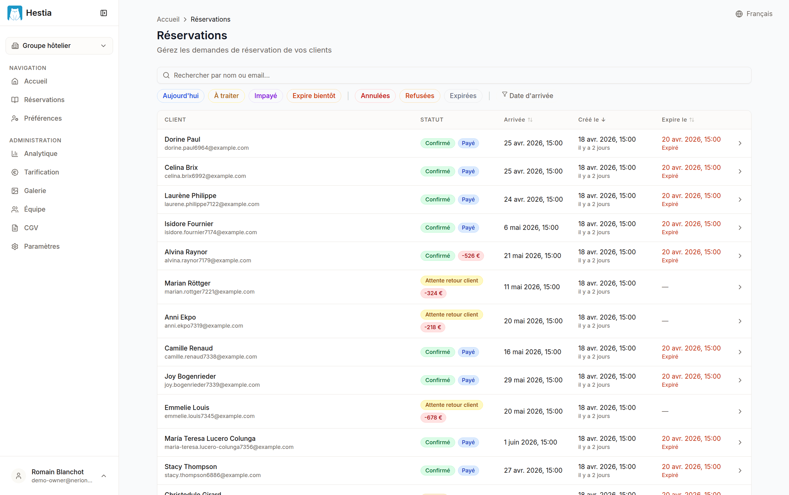 Bookings list page