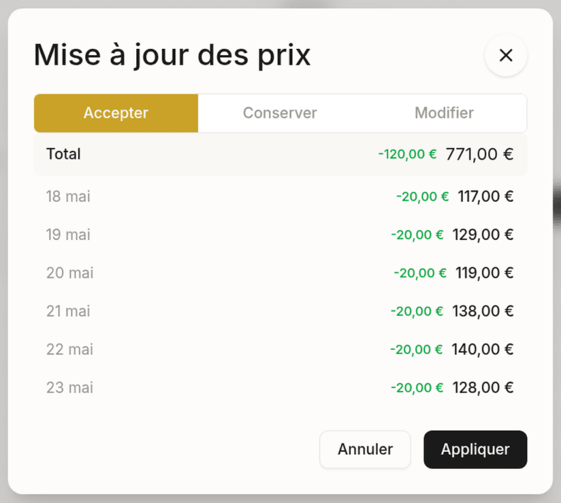 Price comparison dialog