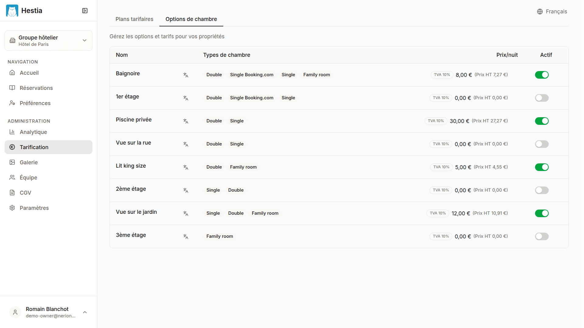 Room options list
