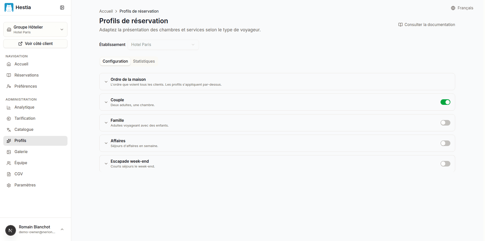 Booking profiles page