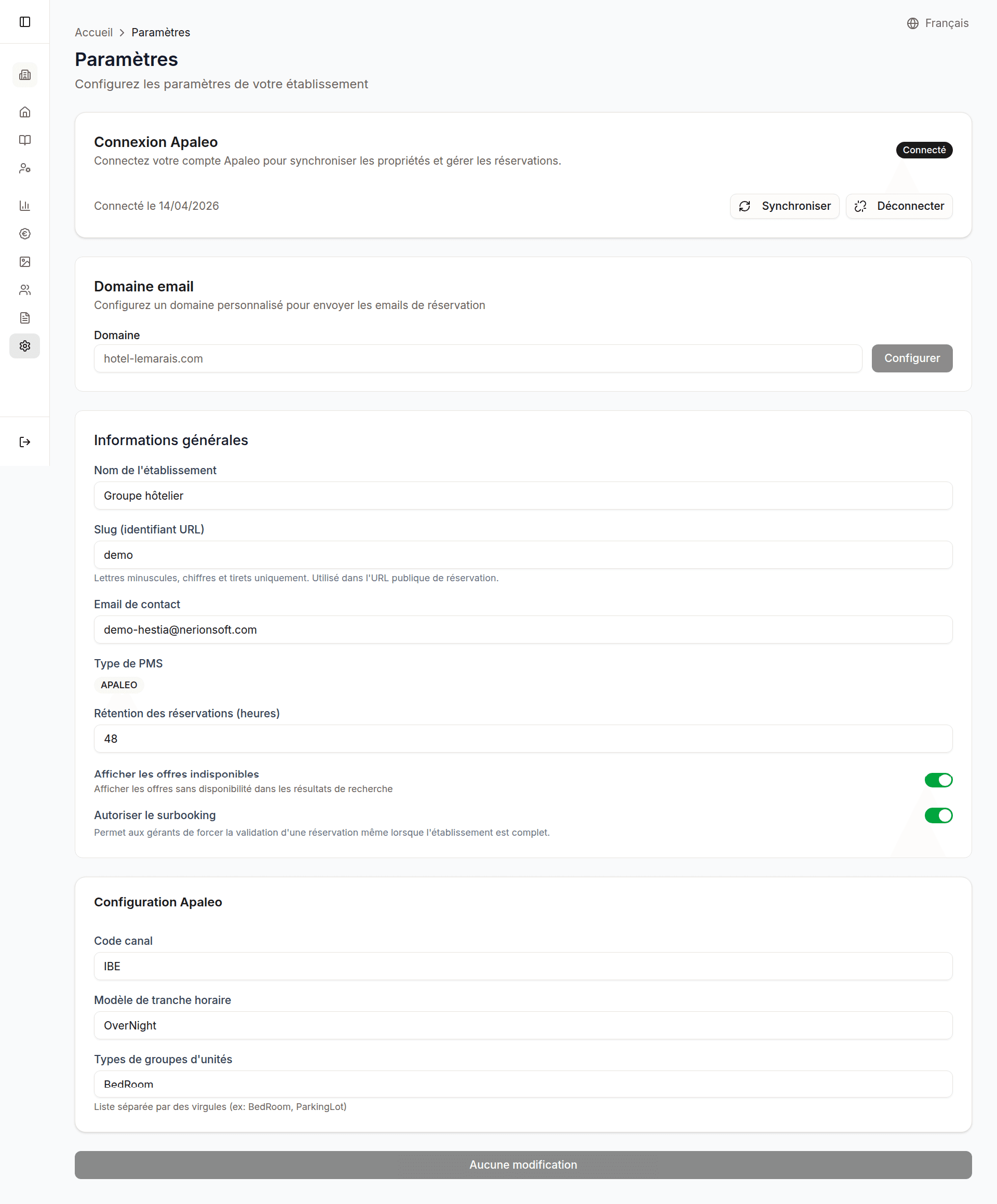 Settings page